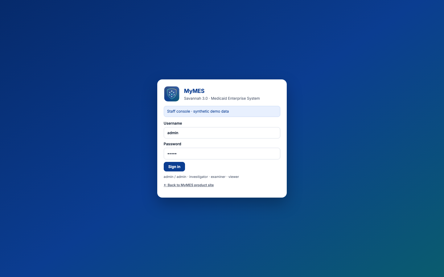 Staff console login — work email plus Viewer, Examiner, Investigator, or Administrator role