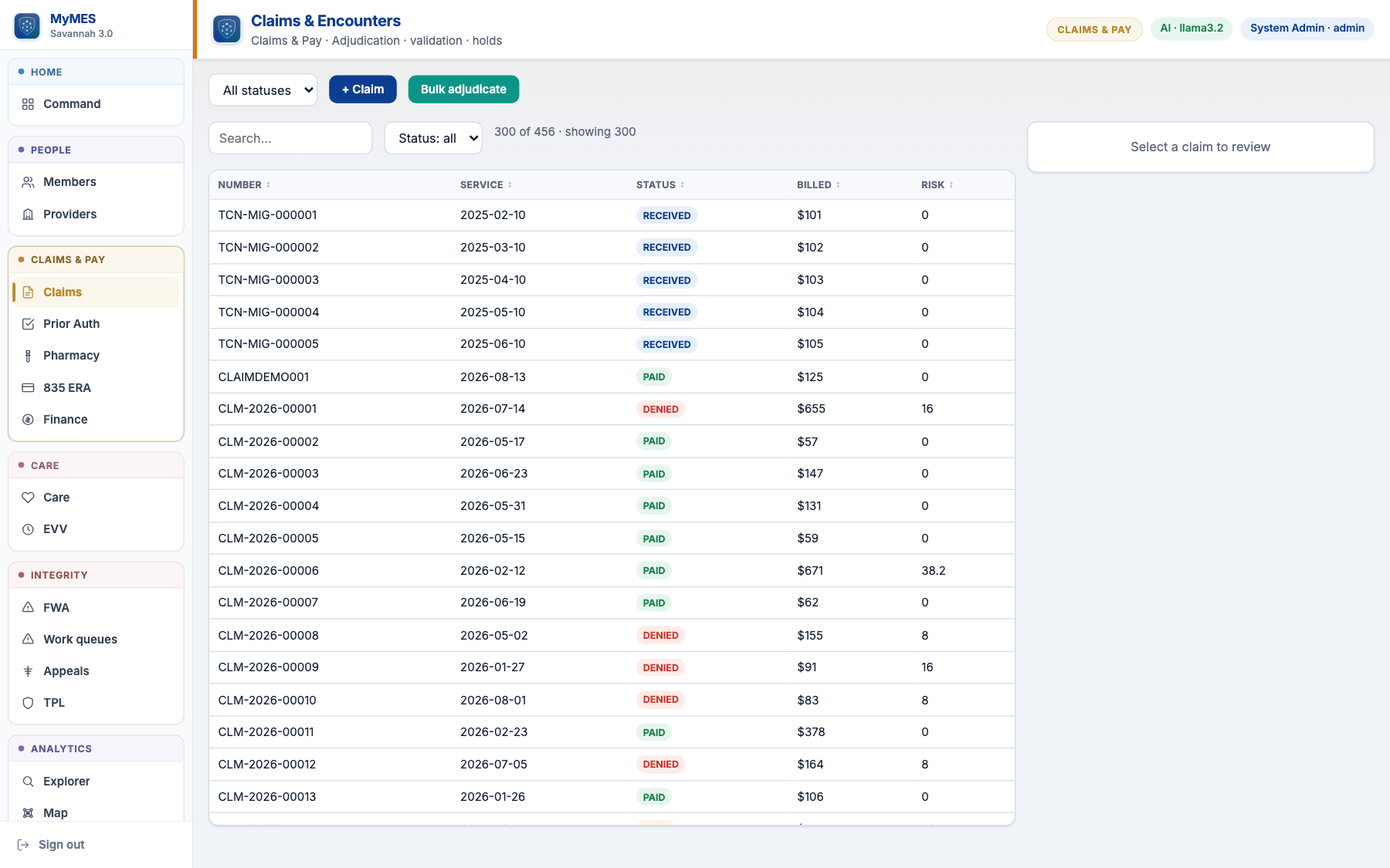 Interactive demo (synthetic data) — claims and operational modules you can walk today