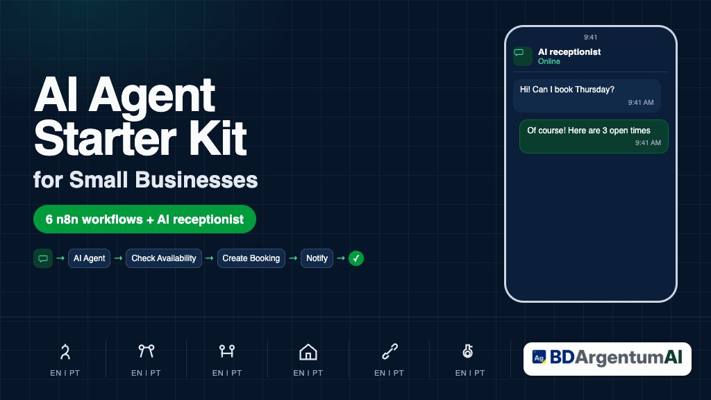 AI Agent Starter Kit cover: six n8n workflows plus an AI receptionist, with icons for dental, salon, gym, real estate, home services and clinics